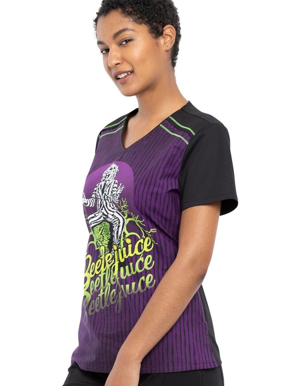 Beetlejuice Cherokee Tooniforms Scrub Top Purple Black Halloween Women's Size Xs